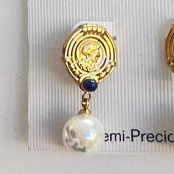 Chaps Gold and White Pearl Earrings with lucky Roman coin design Swirled Design - Picture 4 of 4